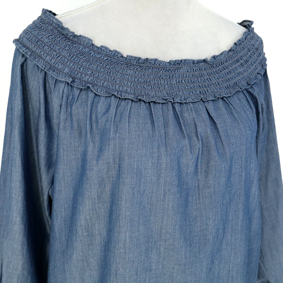 Chicos Top 1 Womens Medium 8 Blue Cotton Off Shoulder Blouse Boho Romantic - Picture 6 of 13